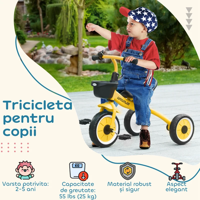 AIYAPLAY Tricicletă pentru Copii 2-5 Ani cu Scaun Reglabil și Coș Galben