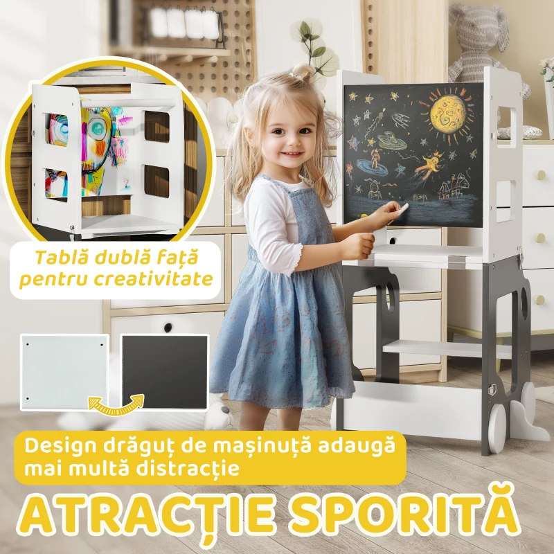 AIYAPLAY Scara Montessori 4 în 1 pentru Copii cu 2 Table și Set Masă și Scaun, din Lemn, 58x46x92 cm, Alb