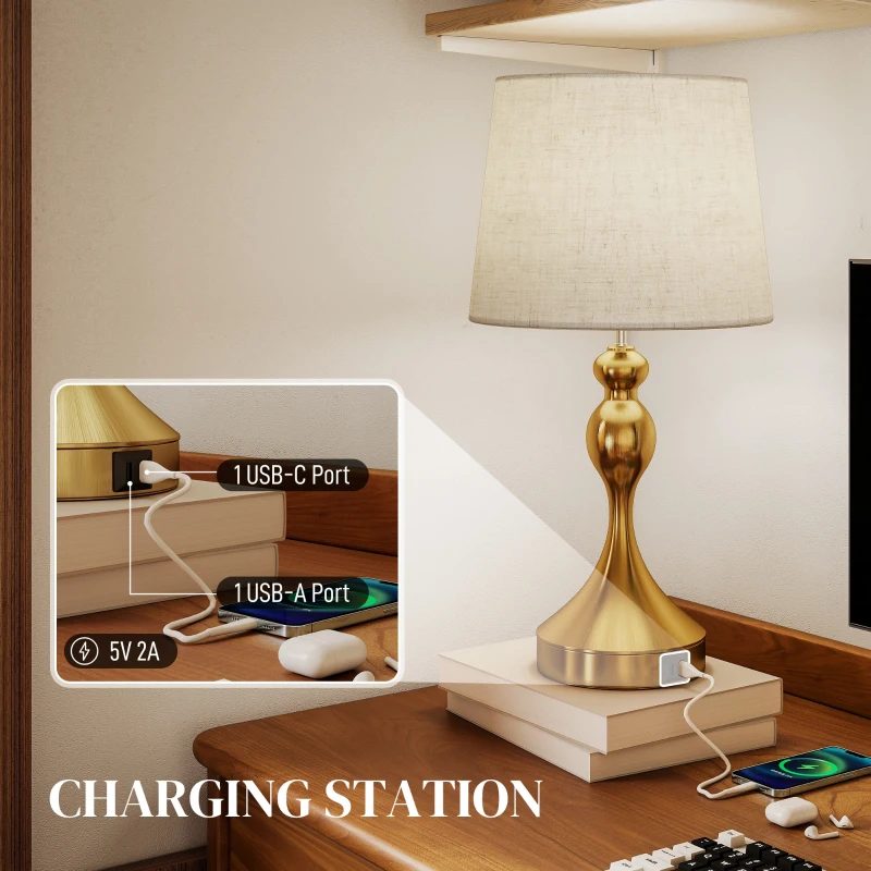 HOMCOM Bedside Lamps Set of 2, Modern Table Lamps with 3 Colour Temperatures, USB A+C Charging Ports and Linen Shade for Living Room Bedroom Office, Gold Tone