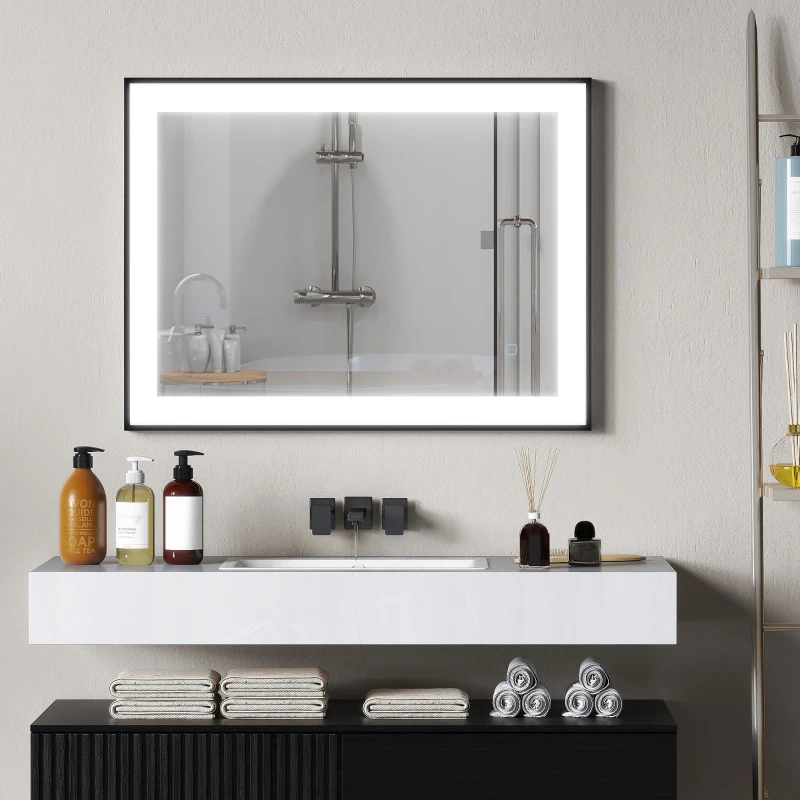 HOMCOM Espejo de Baño con Luz LED 80x60 cm con 3 Colores de Luz Función Antivaho Función de Memoria IP44 Horizontal/Vertical