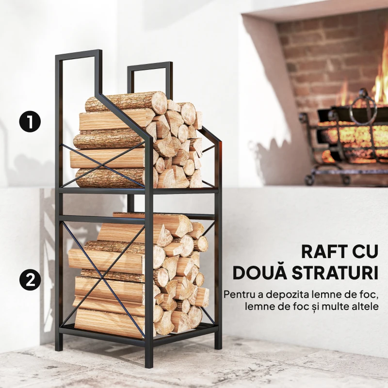 Outsunny Suport de Lemne Exterior a 2 Livelli din Metal cu Bază Ridicată Negru