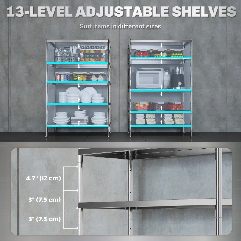 HOMCOM Raft de Bucătărie cu 5 Niveluri Ajustabile pe 13 Înălțimi Diferite, Suport pentru Obiecte în Oțel Inoxidabil 201, pentru Condimente, Oale și Tigăi, 91x40x139 cm, Argintiu