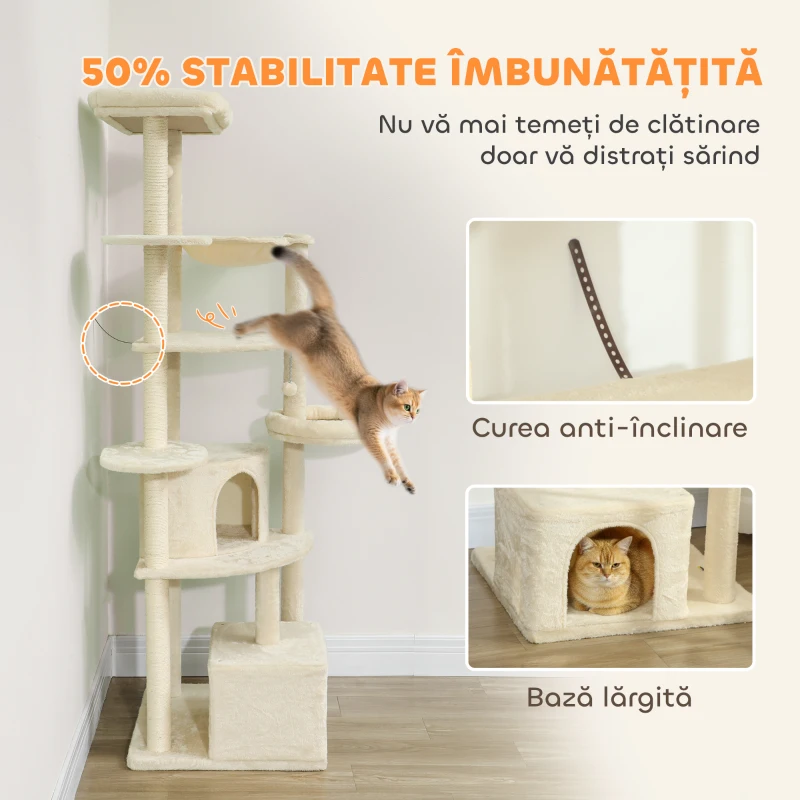 PawHut Ansablu de joacă pentru pisici, 2 căsuțe, 2 paturi și hamac, 200cm, bej