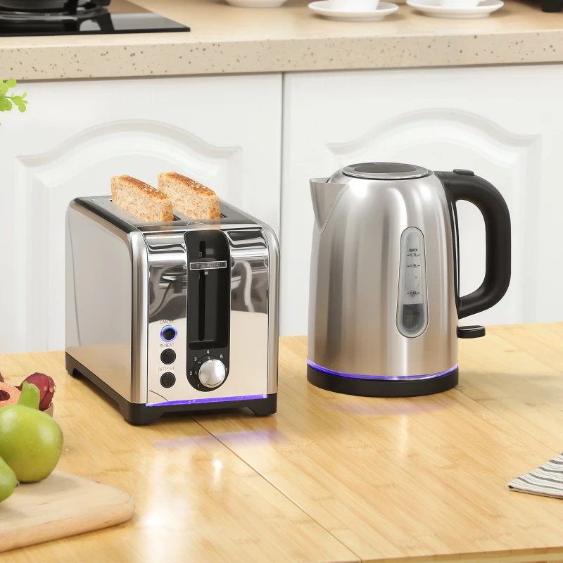 HOMCOM Simple Polished Toaster and Kettle Set - Silver Tone