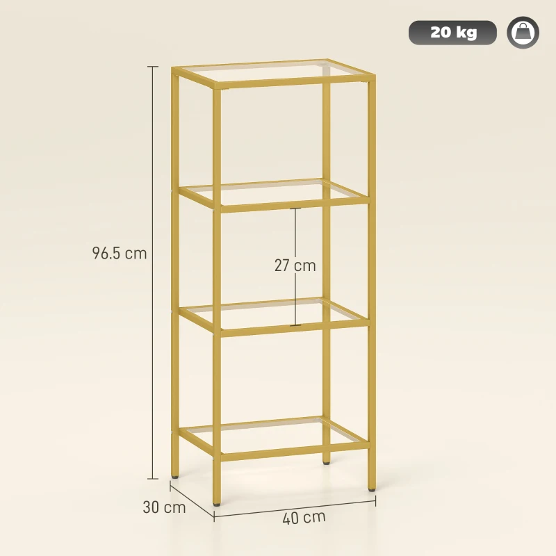 HOMCOM Etajeră din Metal și Sticlă cu 4 Nivele Minimalistă 40x30x96.5 cm Aur