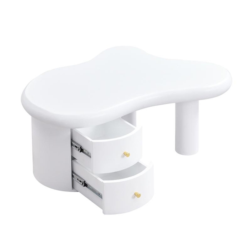 Tavolino da salotto con forma irregolare, 2 cassetti, 97x64x42 cm, Bianco