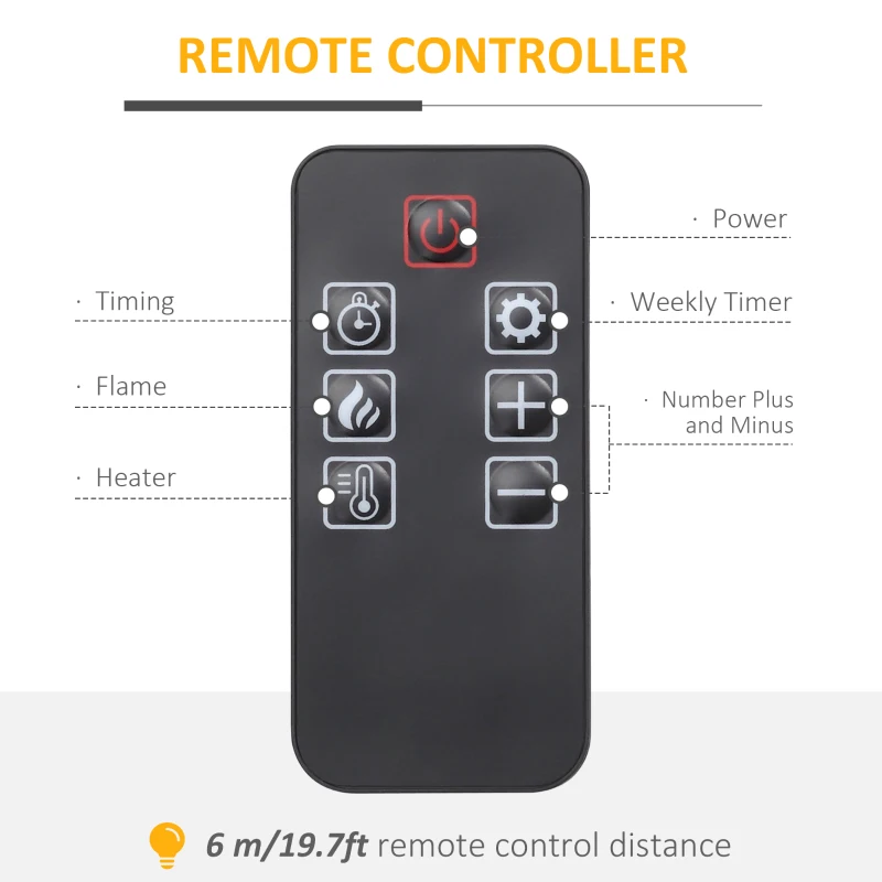 HOMCOM Șemineu Electric 1800W cu Efect de Flacără Reglabilă, Telecomandă și Timer