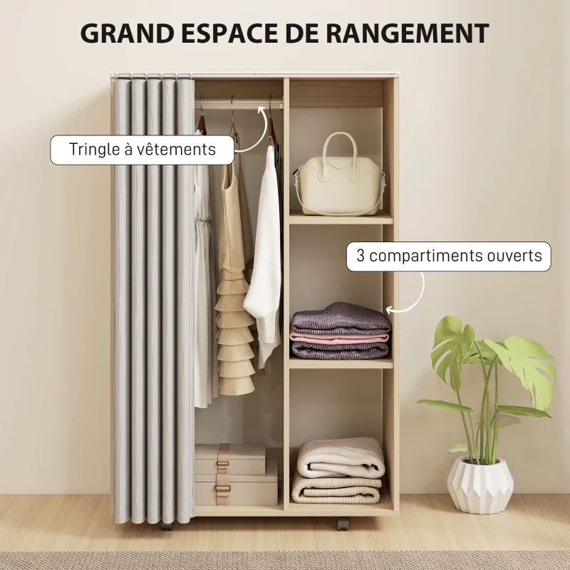 HOMCOM Armoire penderie vêtement dressing mobile 4 roulettes tringle à vêtements et étagères 80x40x128cm, effet bois naturel