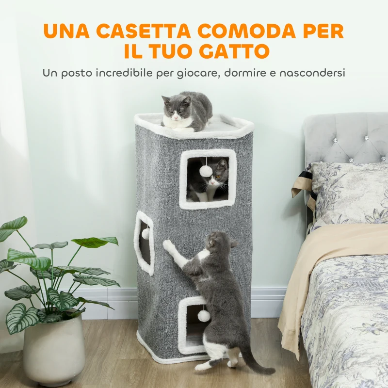 PawHut Torre per Gatti con 3 Casette, 3 Palline e Posatoio, in Legno, Tessuto e Peluche, 41x41x100 cm, Grigio e Bianco