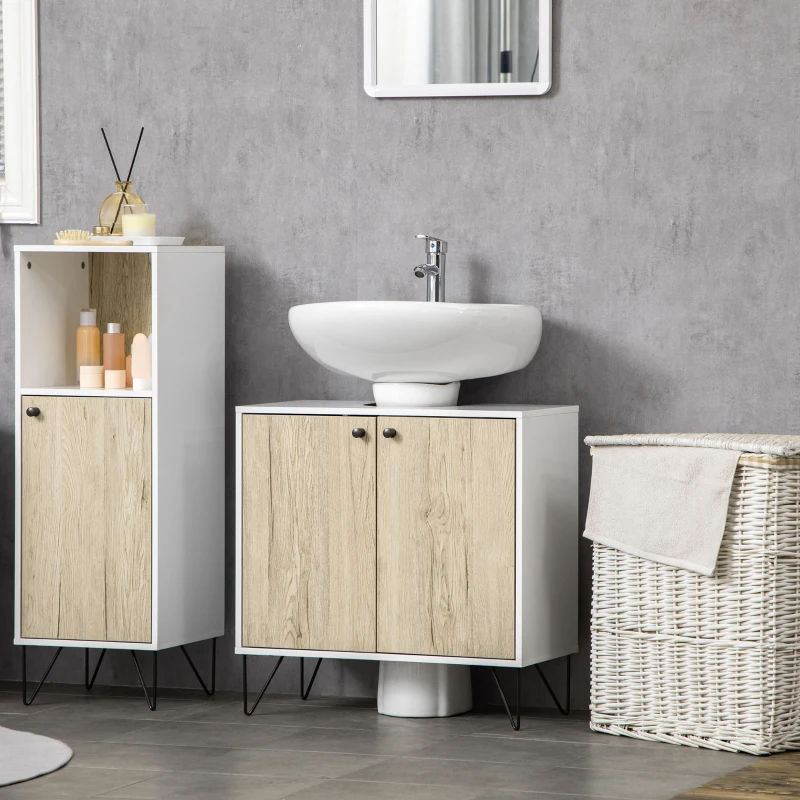 kleankin Meuble sous lavabo, meuble de salle de bain avec 2 portes, pieds en acier, 60 x 30 x 60 cm, blanc et bois naturel