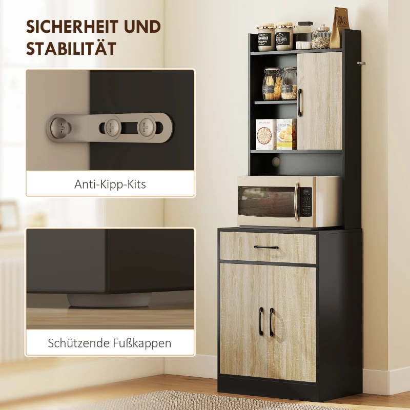 HOMCOM Küchenschrank mit Arbeitsfläche und Kabelloch, moderne Küchenkommode mit Schublade, 3 offene Regale, Naturholz, Schwarz