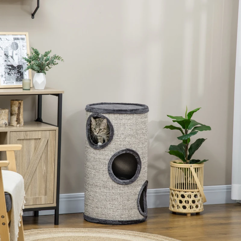 PawHut Tonneau à gratter pour chat, tour à griffer en sisal à 3 niveaux recouvert de peluche, Ø 38 x 70 cm, gris clair