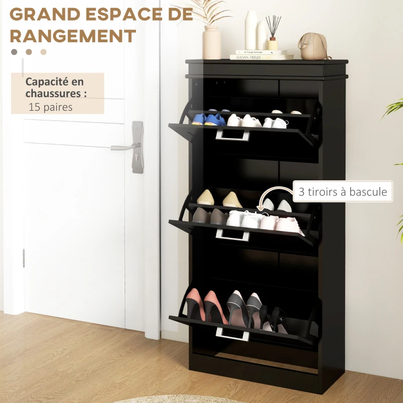 HOMCOM Meuble à chaussures, armoire à chaussures 3 portes abattants 15 paires, étagères réglables, 54 x 24 x 117,5 cm, noir
