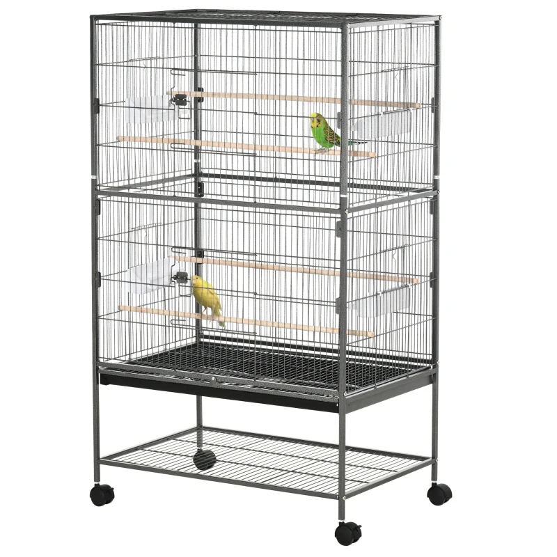PawHut Cage à oiseaux sur pied volière oiseaux intérieur 4 perchoirs en bois et mangeoires fil d'acier gris foncé