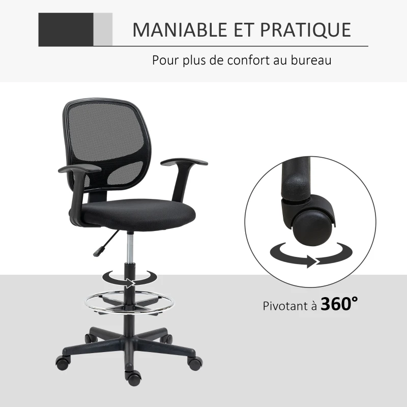 Vinsetto Chaise bureau ergonomique, chaise de dessin, repose-pieds, dossier en maille, hauteur réglable, 60x56x110-132cm, noir