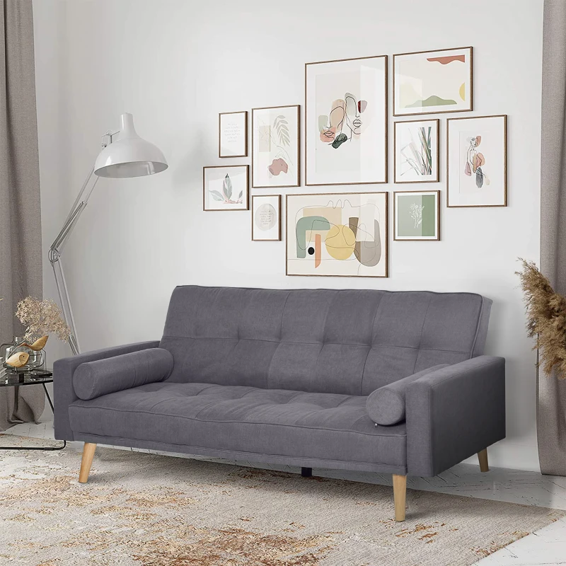 HOMCOM Canapé Convertible 3 Places Design scandinave Dossier inclinable 3 Positions Pieds Bois Tissu Lin Gris