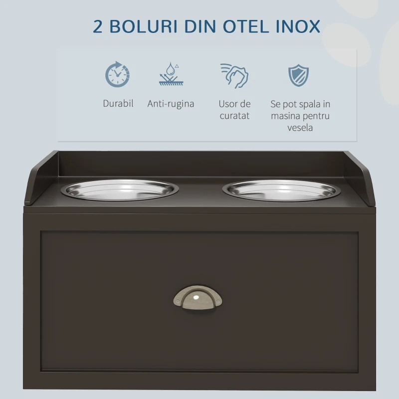 PawHut Boluri Ridicate pentru Câini din Oțel Inoxidabil și Lemn cu Sertar, 60x30x36 cm, Maro