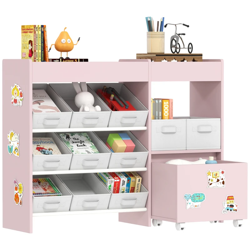 AIYAPLAY Kids Toy Storage Unit with 11 Bins, Cabinet, Top Shelves, 3 Stickers, for Nursery, Playroom, Pink