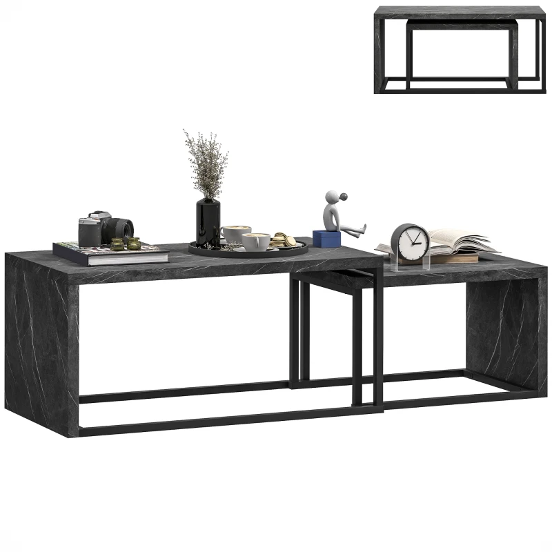 HOMCOM Set of 2 nesting coffee tables industrial design space-saving in black metal and dark grey marble effect