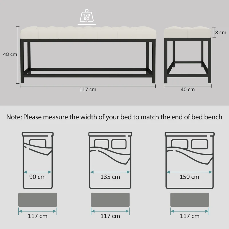 HOMCOM Panca da Letto Imbottita in Velluto Design Capitonné Base in Metallo Crema