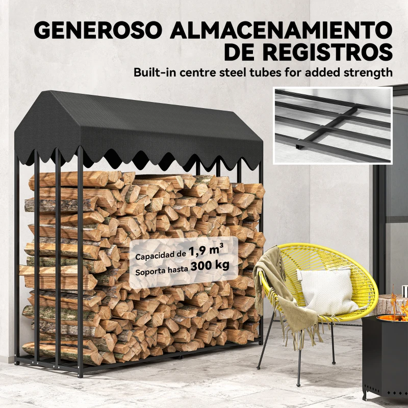 Outsunny Leñero Exterior Metálico de Chimenea Soporte para Leña con Cubierta Impermeable Carga 300 kg 186x70x185 cm Negro