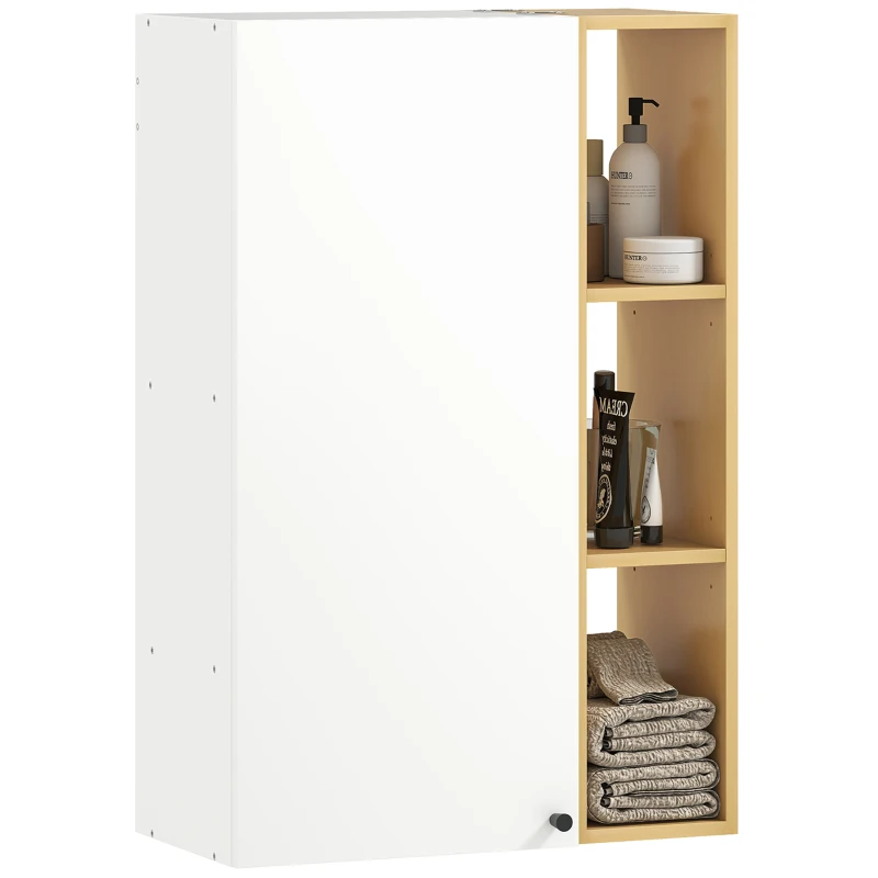 HOMCOM Wand-Badezimmerschrank mit verstellbaren Einlegeböden und 3 offenen Regalen, 59.5x30x90 cm, Weiß und Holz
