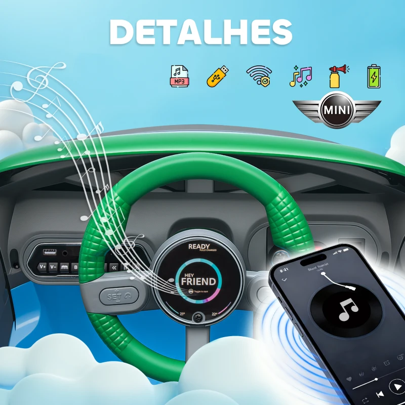 AIYAPLAY Carro Elétrico para Crianças MINI Concept Aceman 12V com Bluetooth Motor Duplo Suspensão Traseira Faróis Música USB 109x63x46 cm Azul