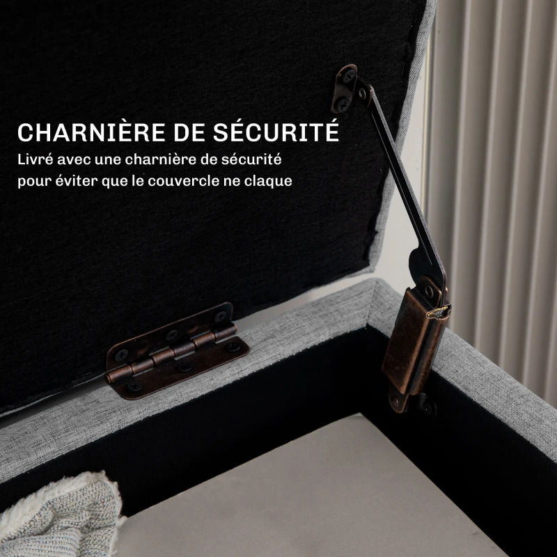 HOMCOM Banc coffre rangement rembourré aspect lin pour chambre à coucher, entrée, salon, charge 220 Kg, 110 x 39 x 45 cm, gris