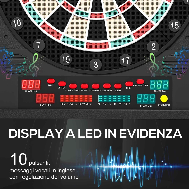 HOMCOM Bersaglio Freccette Elettronico con Punteggio Automatico, 12 Freccette e 6 Display, 51x6.5x57cm, Nero