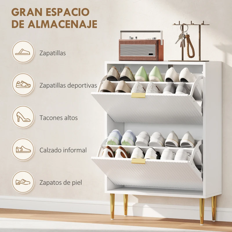 HOMCOM Zapatero Estrecho con 2 Puertas Acanaladas con Estantes Ajustables para 12 Pares de Zapatos 60x24x91,5 cm Blanco