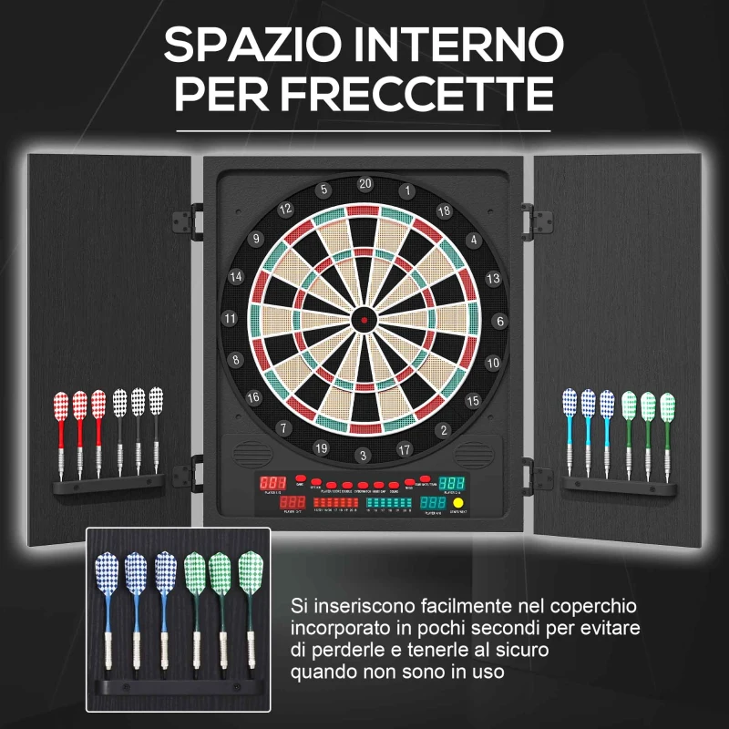 HOMCOM Bersaglio Freccette Elettronico con Punteggio Automatico, 12 Freccette e 6 Display, 51x6.5x57cm, Nero
