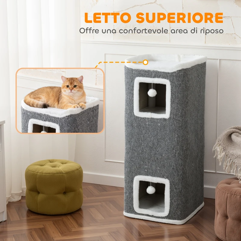PawHut Torre per Gatti con 3 Casette, 3 Palline e Posatoio, in Legno, Tessuto e Peluche, 41x41x100 cm, Grigio e Bianco