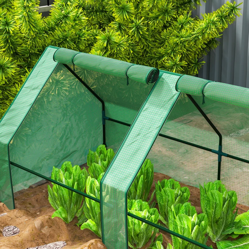 Outsunny Mini Garden Greenhouse with 4 Roll-Up Doors and Extended Cover, Steel & PE, 360x90x90 cm, Green