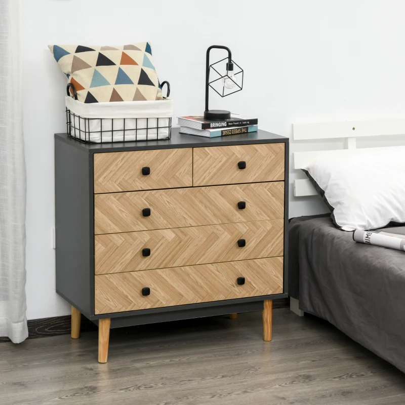 HOMCOM Commode 5 tiroirs Design scandinave Graphique dim. 80L x 40l x 80H cm Panneaux de Particules Gris foncé chêne Clair