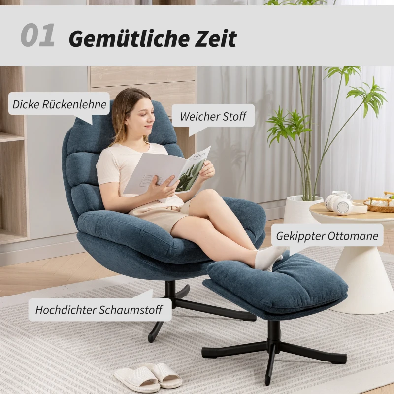 HOMCOM Relaxsessel mit Hocker Sessel Loungesessel mit Chenille-Stoff, Modern Fernsehsessel, 78 x 93 x 100 cm, Blau