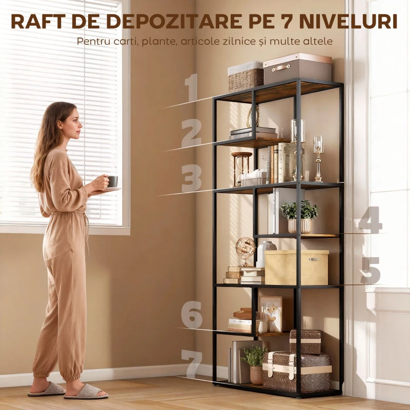 HOMCOM Bibliotecă Mobilă cu 7 Nivele din Lemn și Oțel în Stil Industrial, 83x34x180 cm, Maro