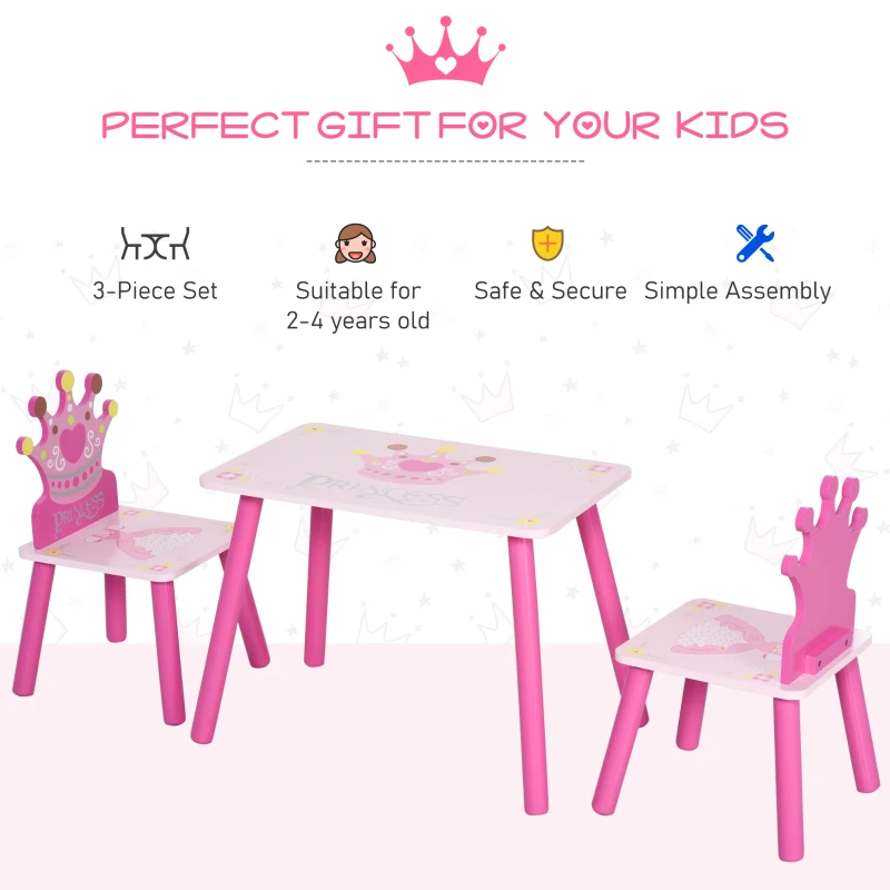 HOMCOM 3 Pcs Kids and Table Chair Set Princess & Crown Theme Home Furniture Pretty Gift Pink
