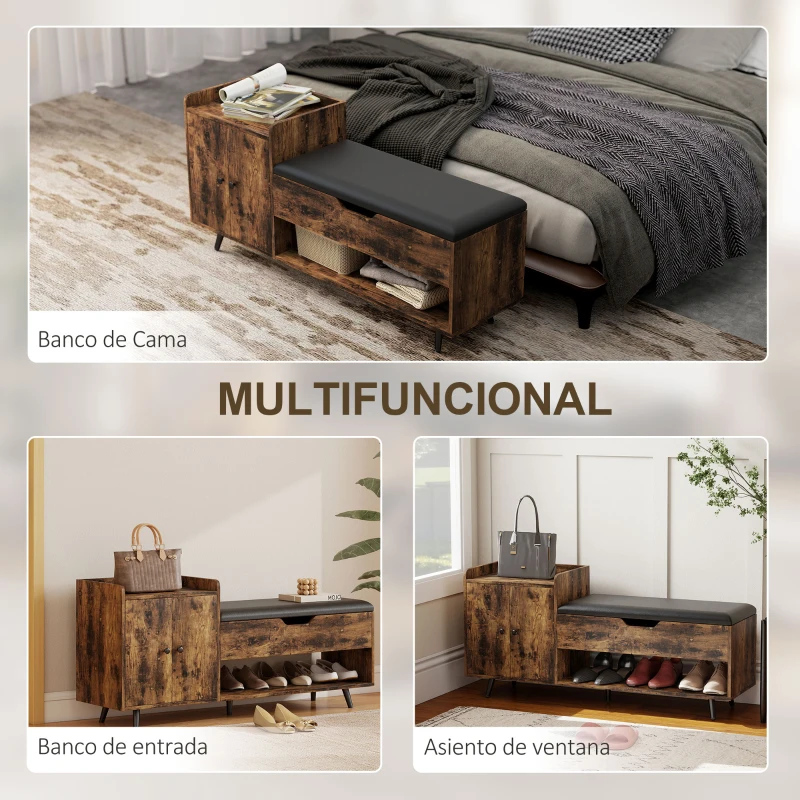 HOMCOM Banco Zapatero Industrial con Asiento Acolchado Compartimento Oculto Estantes Puertas 127x35x59 cm Marrón Rústico