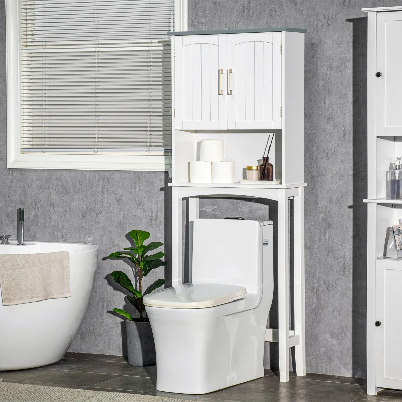 kleankin Meuble WC dessus de toilette avec placard à double porte, étagère réglable et compartiments ouverts, blanc