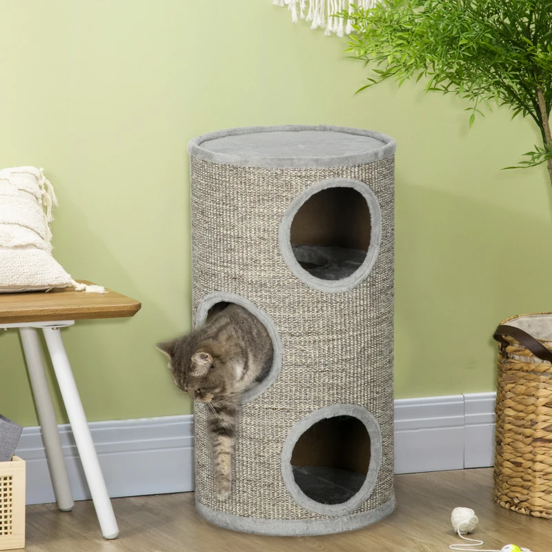 PawHut Tonneau à gratter pour chat, tour à griffer en sisal à 3 niveaux recouvert de peluche, Ø 38 x 70 cm, gris