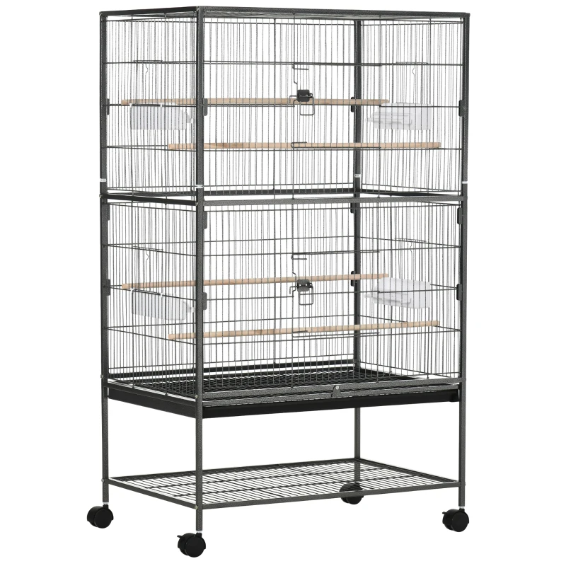PawHut Cage à oiseaux sur pied volière oiseaux intérieur 4 perchoirs en bois et mangeoires fil d'acier gris foncé