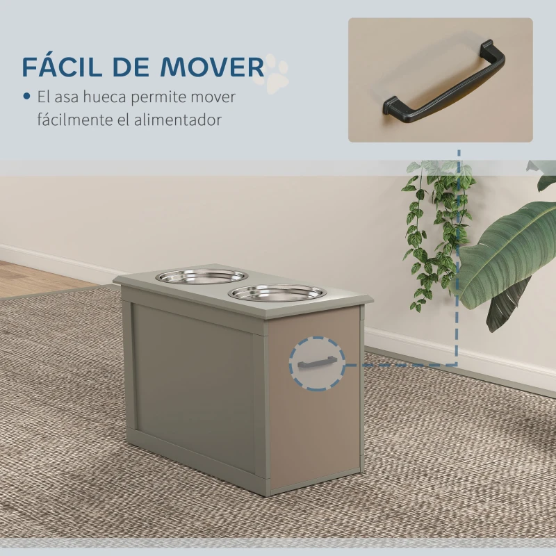 PawHut Comedero Elevado para Perros Grandes con 2 Cuencos de 2000ml y Almacenamiento Oculto 60x30x41 cm Gris