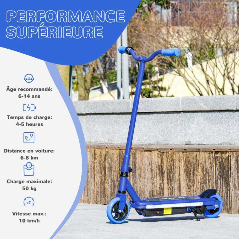 AIYAPLAY Trottinette électrique pour enfants 6-14 ans, vitesse maximale 10 km/h, lumières LED colorées, frein électrique, bleu(m-6)