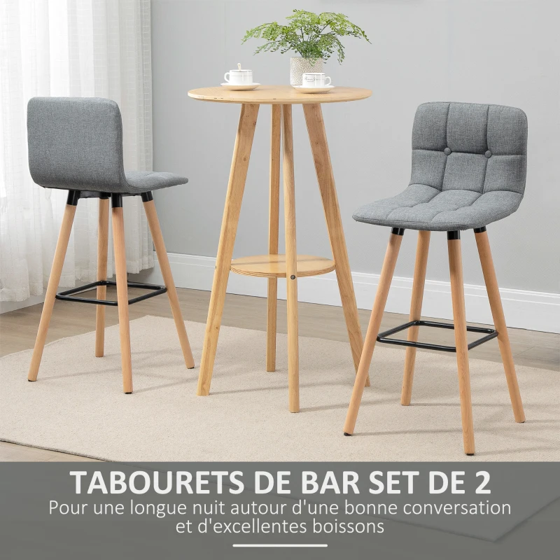 HOMCOM Lot de 2 tabourets de bar, chaises de bar capitonnées avec dossier et repose-pieds, pieds en bois, 41,5x47x97,5cm, gris