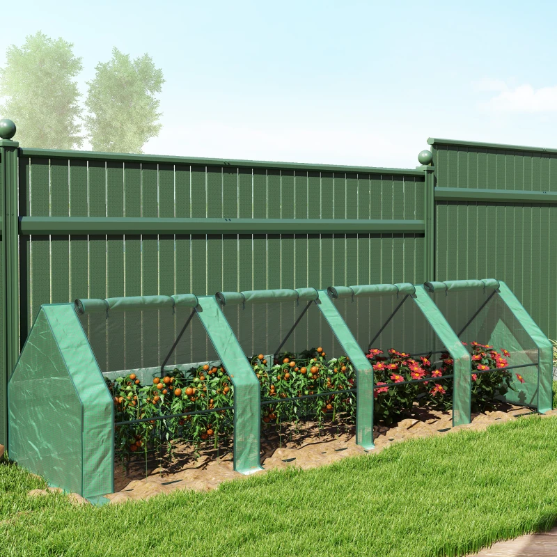 Outsunny Mini Garden Greenhouse with 4 Roll-Up Doors and Extended Cover, Steel & PE, 360x90x90 cm, Green
