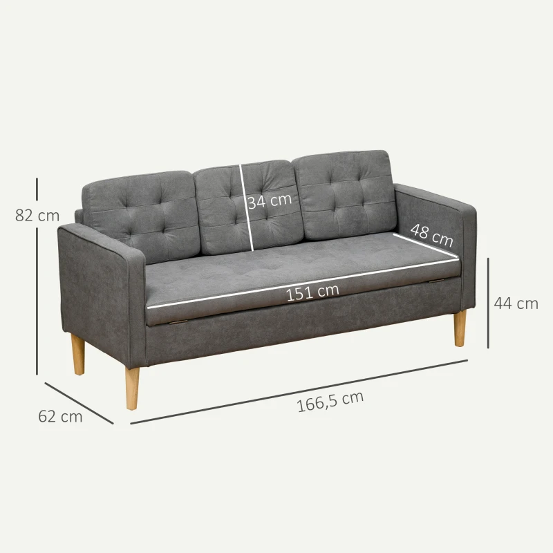 HOMCOM Canapé 3 places en coton, canapé moderne avec rangement caché, dossier capitonné, 166,5 x 62 x 82 cm, gris