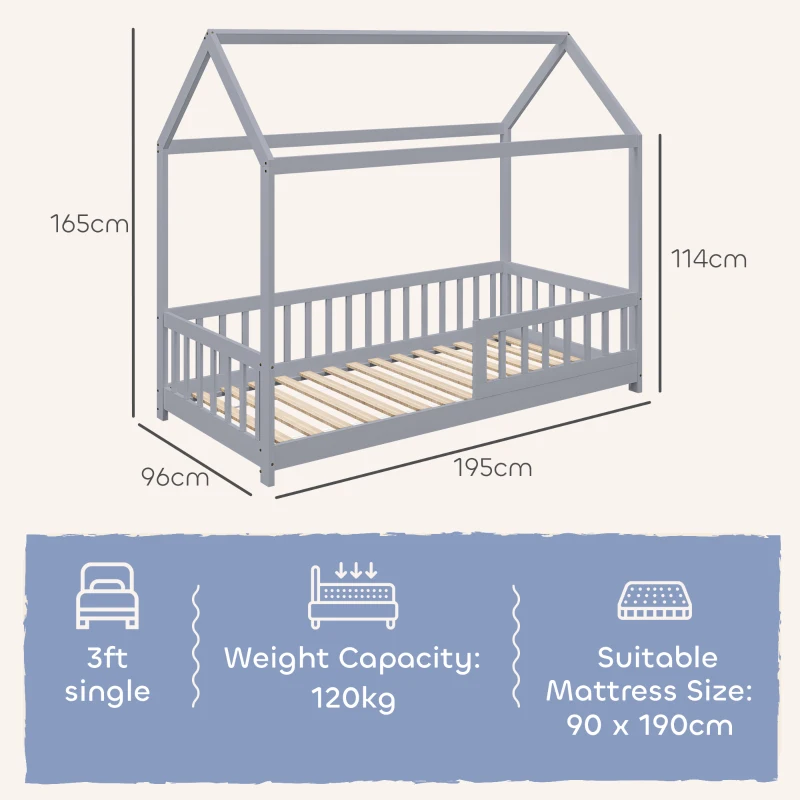 HOMCOM House-Shaped Kids Bed Frame with Guard Rails, Solid Pine Wood Single Bed Frame for Kids Boys and Girls, Grey