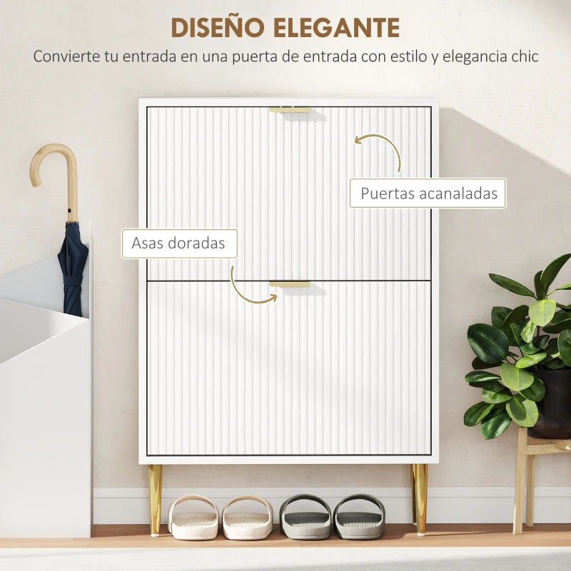 HOMCOM Zapatero Estrecho con 2 Puertas Acanaladas con Estantes Ajustables para 12 Pares de Zapatos 60x24x91,5 cm Blanco