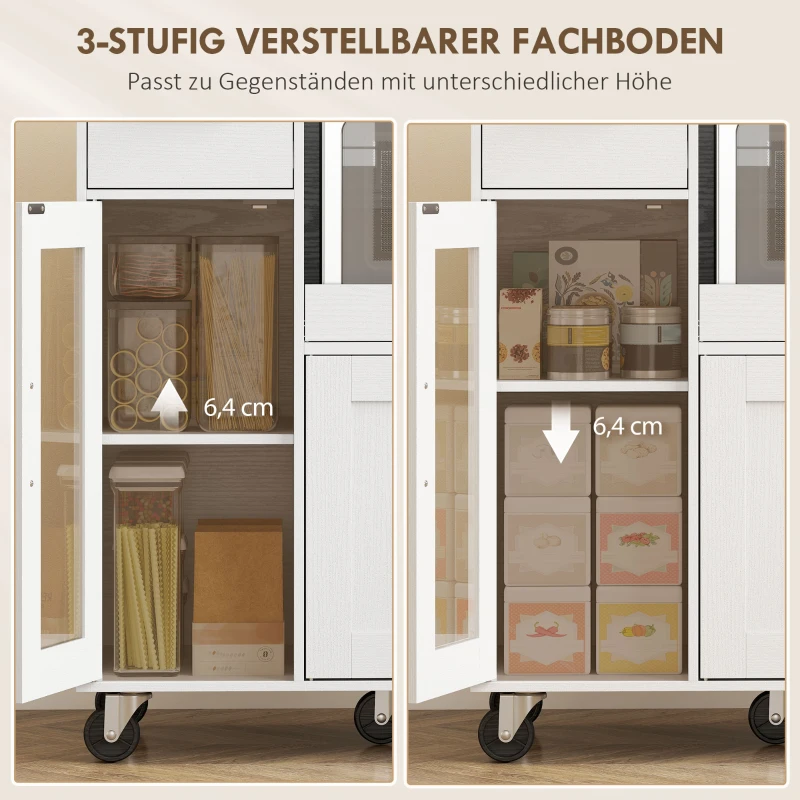 HOMCOM Küchenschrank auf Rädern, Mobile Küchenkommode mit Ablagen, Schubladen, verstellbarem Regal, Kabelloch, Weiß