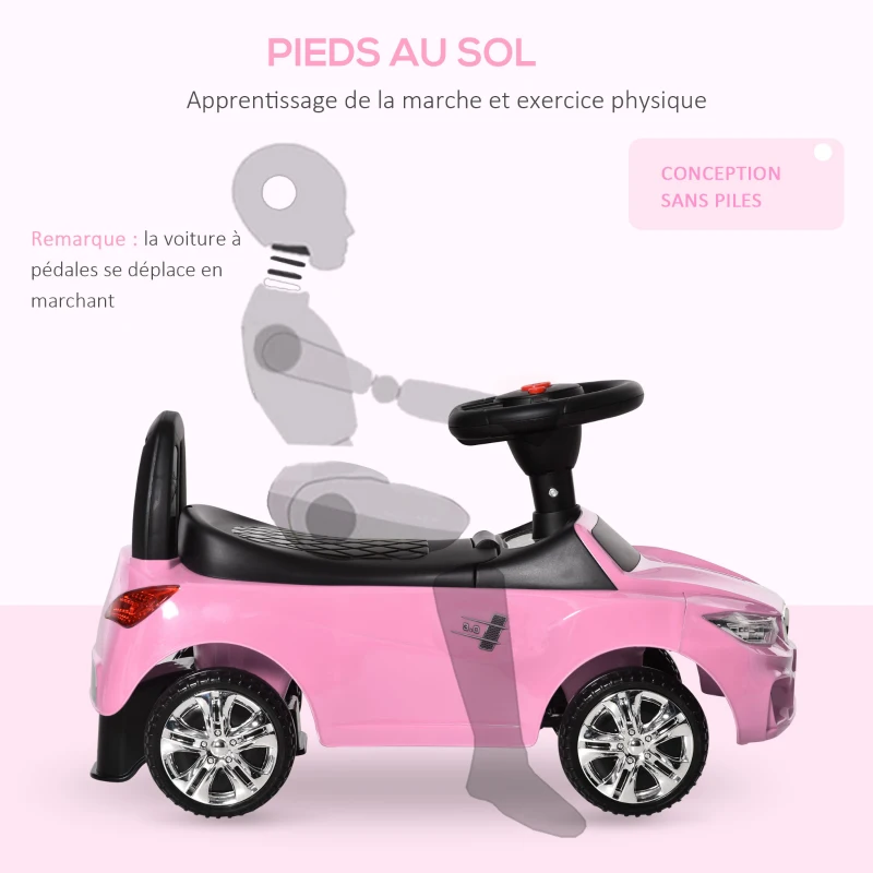HOMCOM Porteur enfants voiture, véhicule à pousser avec coffre à jouets, klaxon, phares et musique, 63,5 x 28 x 36 cm, rose